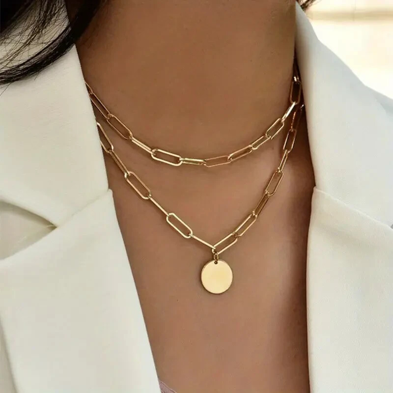 Golden Fashion Unique Punk Chic Double Layer Round Pendant Necklace Adjustable