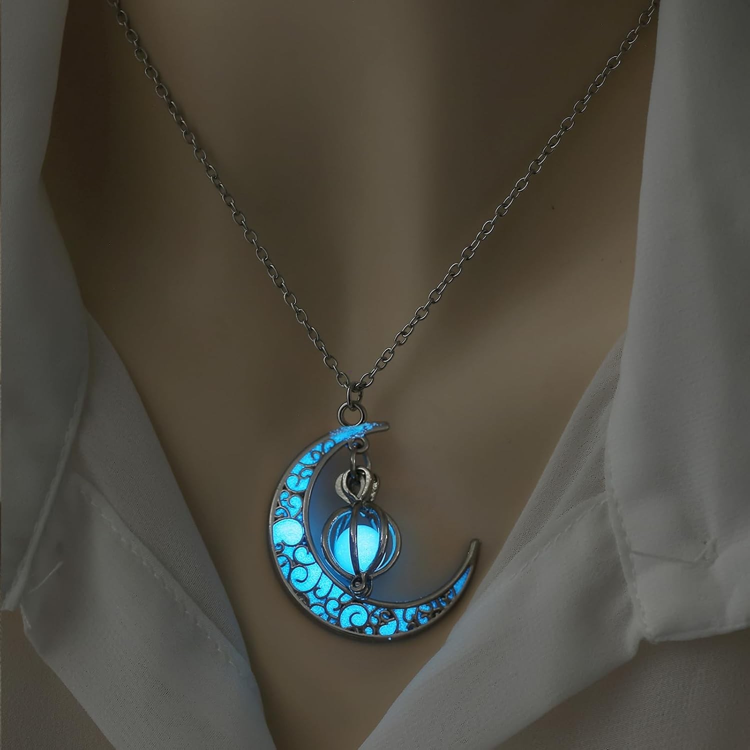 Glow Moon Necklace Sky Blue Luminous Pendant Rhinestone Fantasy Jewelry Gift