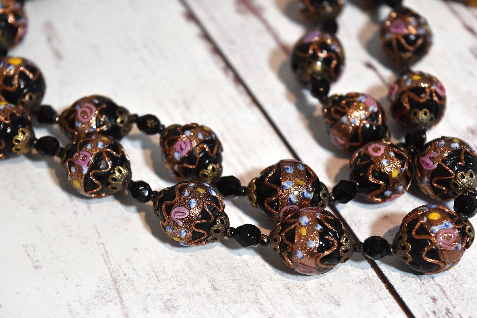 Vtg 2 Strand Venetian Murano Black Wedding Cake Glass Beaded Necklace Earrings