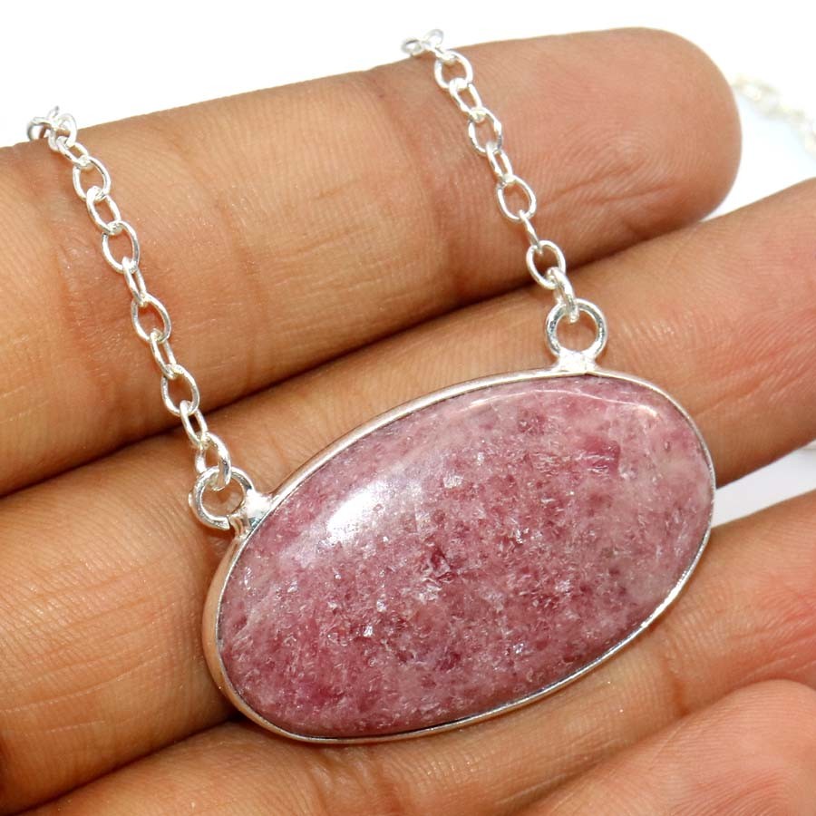 925 Silver Plated Bezel Outstanding Pink Thulite Necklace 18″ Fashion Sale MJ