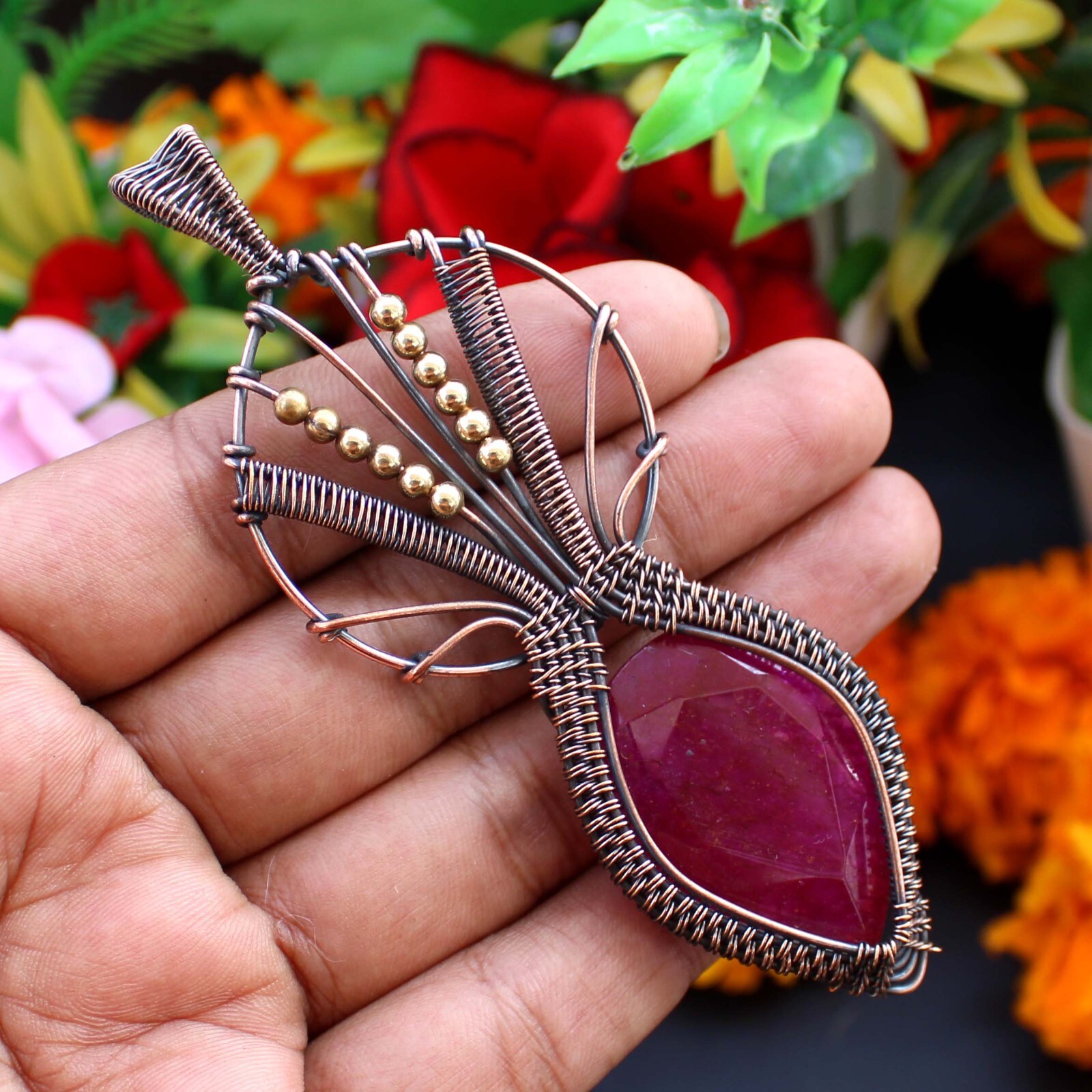 Kashmiri Ruby Handmade Pendant Copper Wire Wrapped Pendant Ruby Gemstone Jewelry