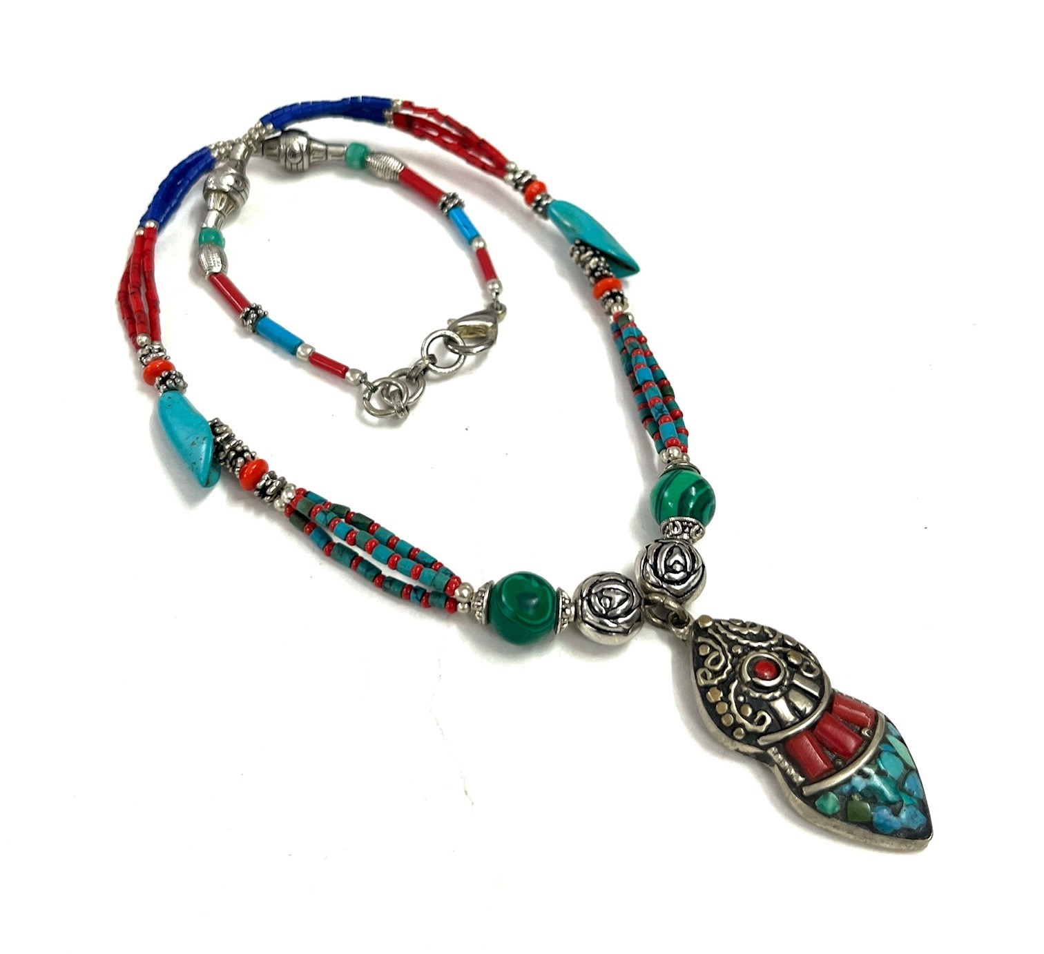 Vintage Coral Turquoise Gemstone Tibetan Style Necklace Jewelry, 17 Inch Adjs