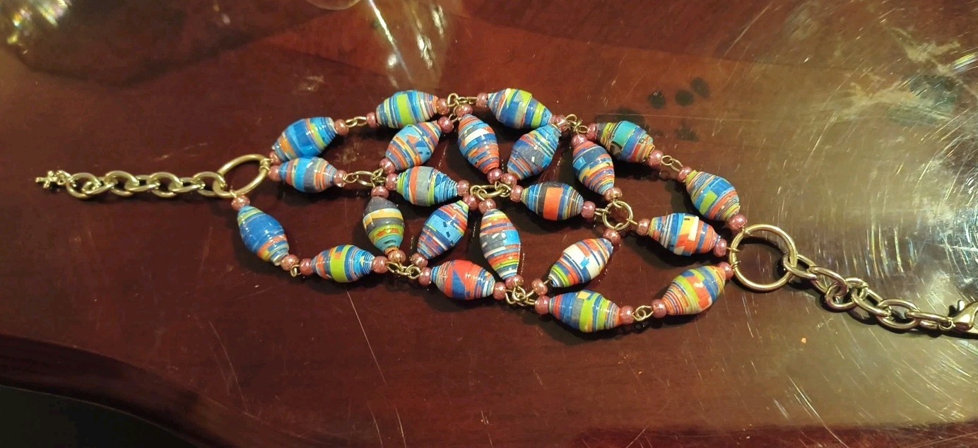 Vtg Paper Beaded Bracelet Colorful Cuff Boho Tribal 70s