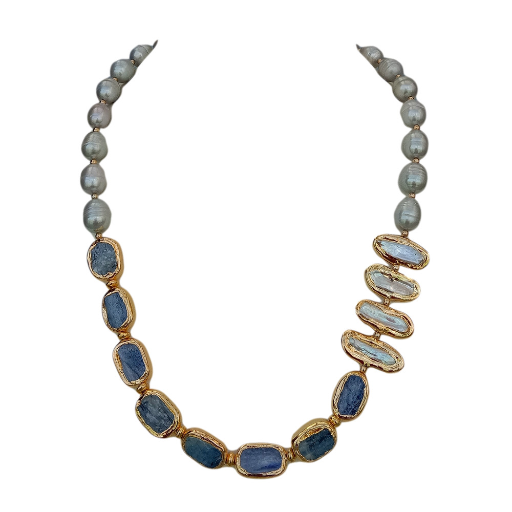 Freshwater Cultured Gray Rice Pearl White Biwa Pearl Blue Kyanite Necklace 23″