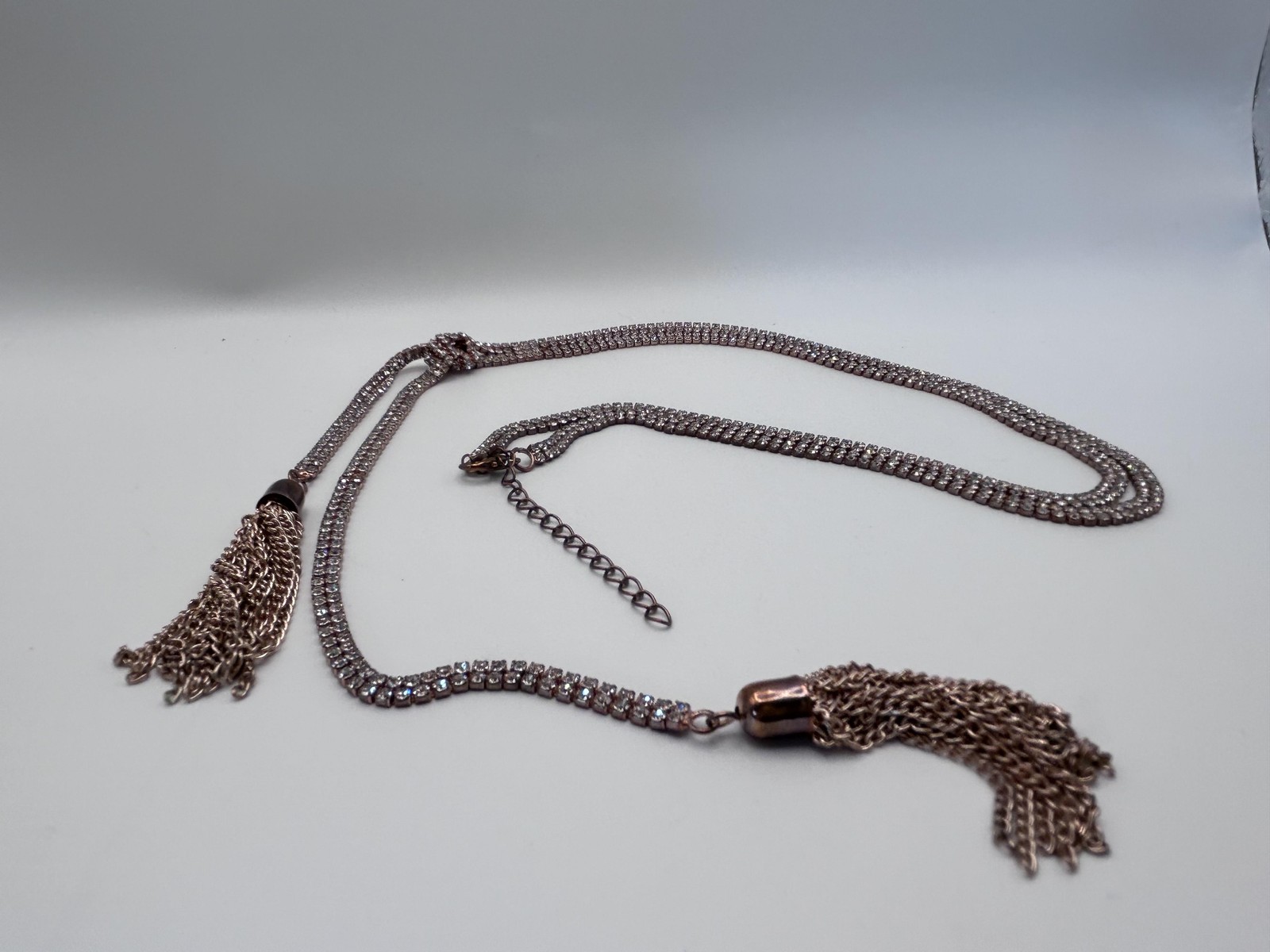 Necklace Gold Tone Rhinestone Lariat Y-Drop Tassel Fringe Crystal Lobster Clasp