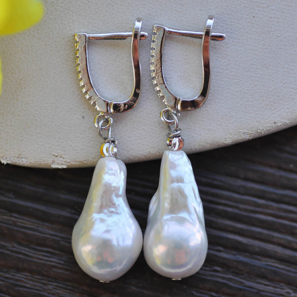 Natural 19mm White Tear-Drop Baroque Keshi Pearl CZ Dangle Earring