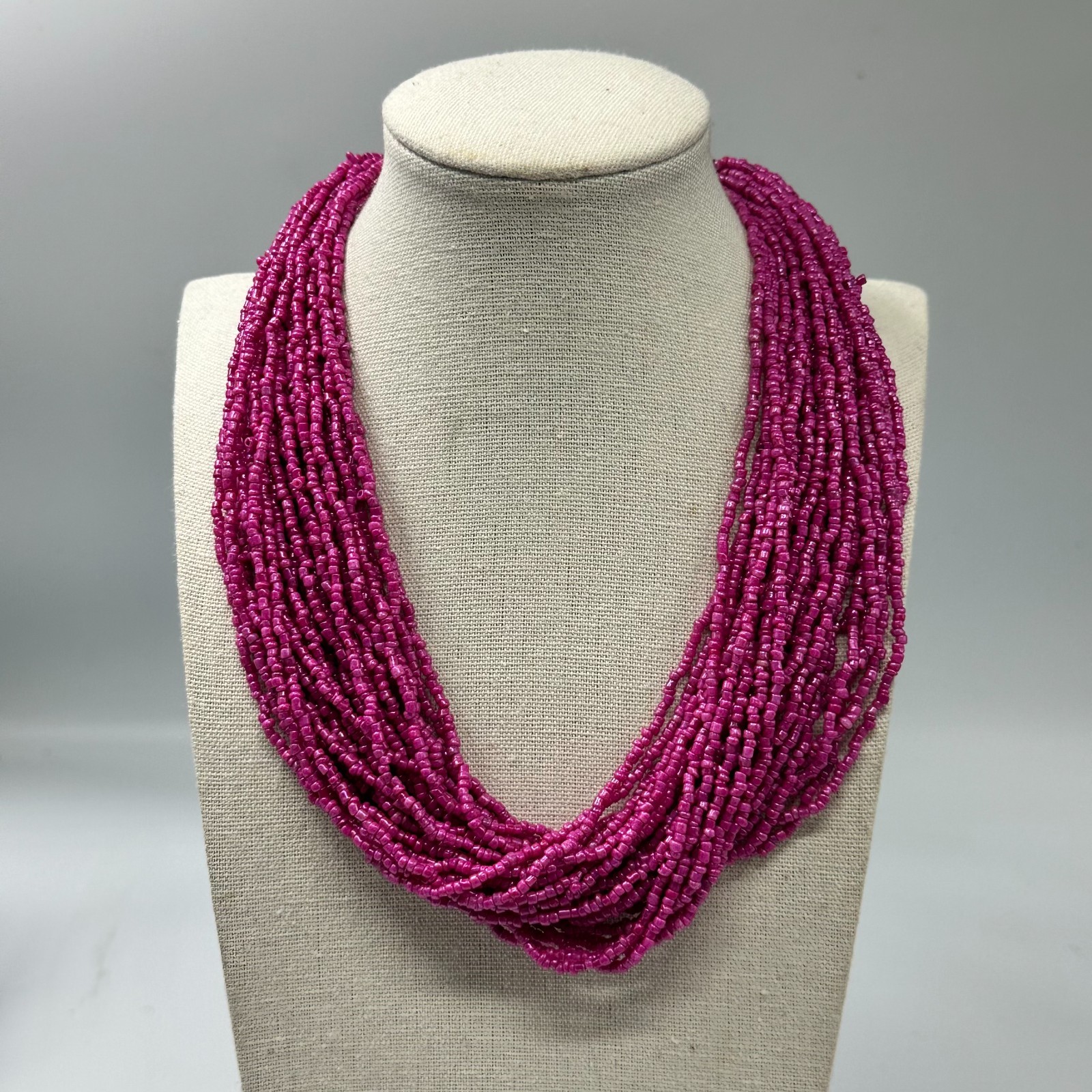 Fuchsia Pink Seed Bead Necklace Silver Tone Multi Strand Boho 14 Inch