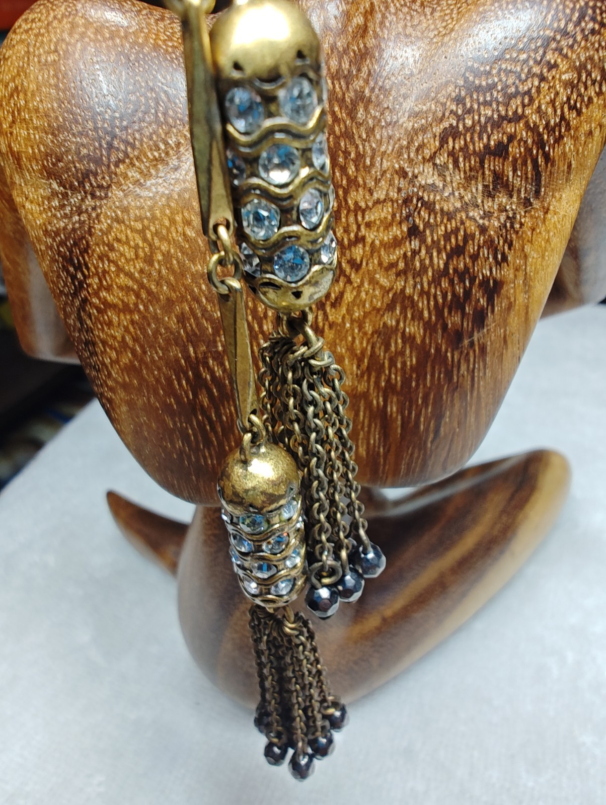 J Crew Brass Crystal Lariat Necklace Black Beads Round Rhinestone Tassel Pendant