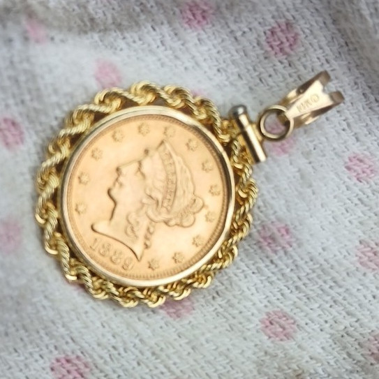 10K Yellow Gold Neckless & 99.9 Gold 1889 Liberty Head $2.50 Eagle Coin Pendant,