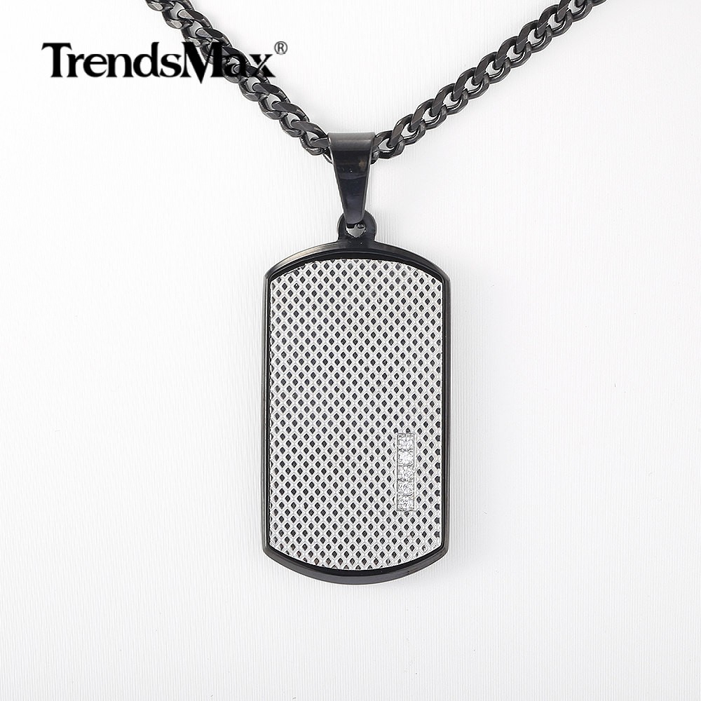 Silver Stainless Steel CZ Dog Tag Pendant Necklace Army Military Graduation Gift