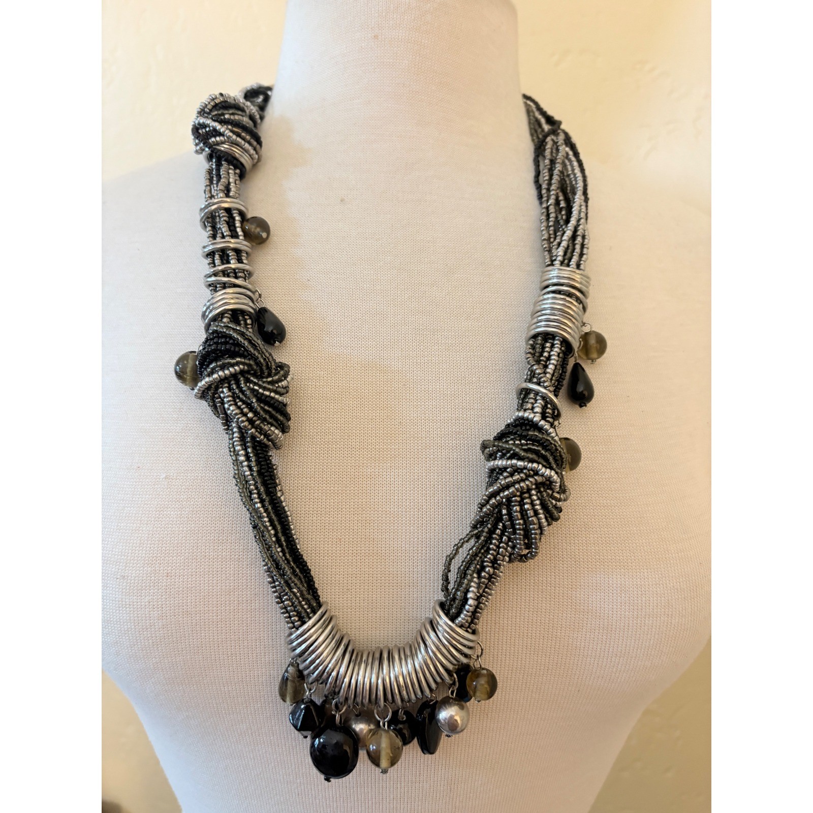 Multi Strand Knotted Seed Bead Statement Necklace Silver Black Grey