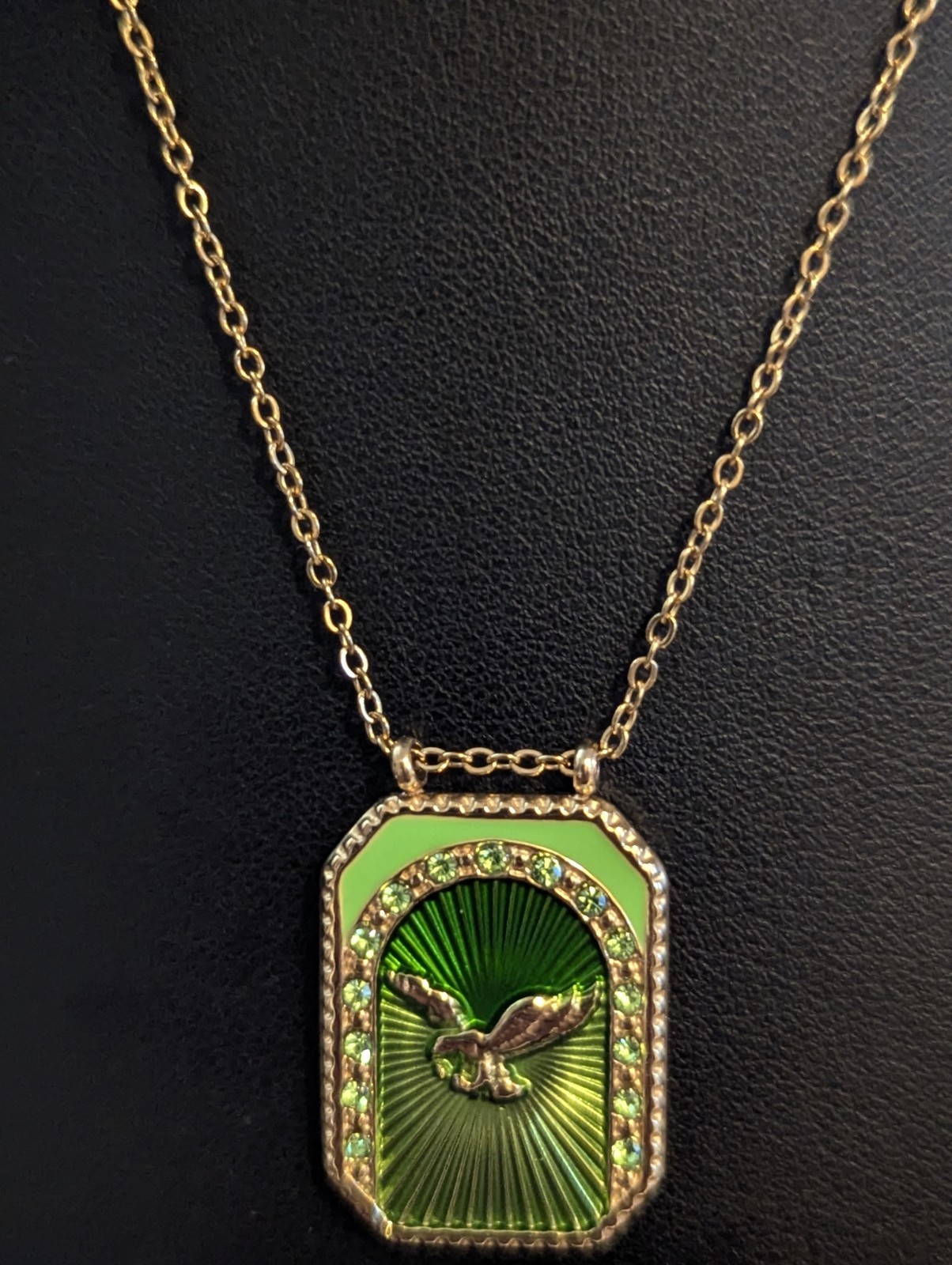 Gold Tone Cable Chain Necklace Green Enamel Eagle Rectangle Charm Crystal