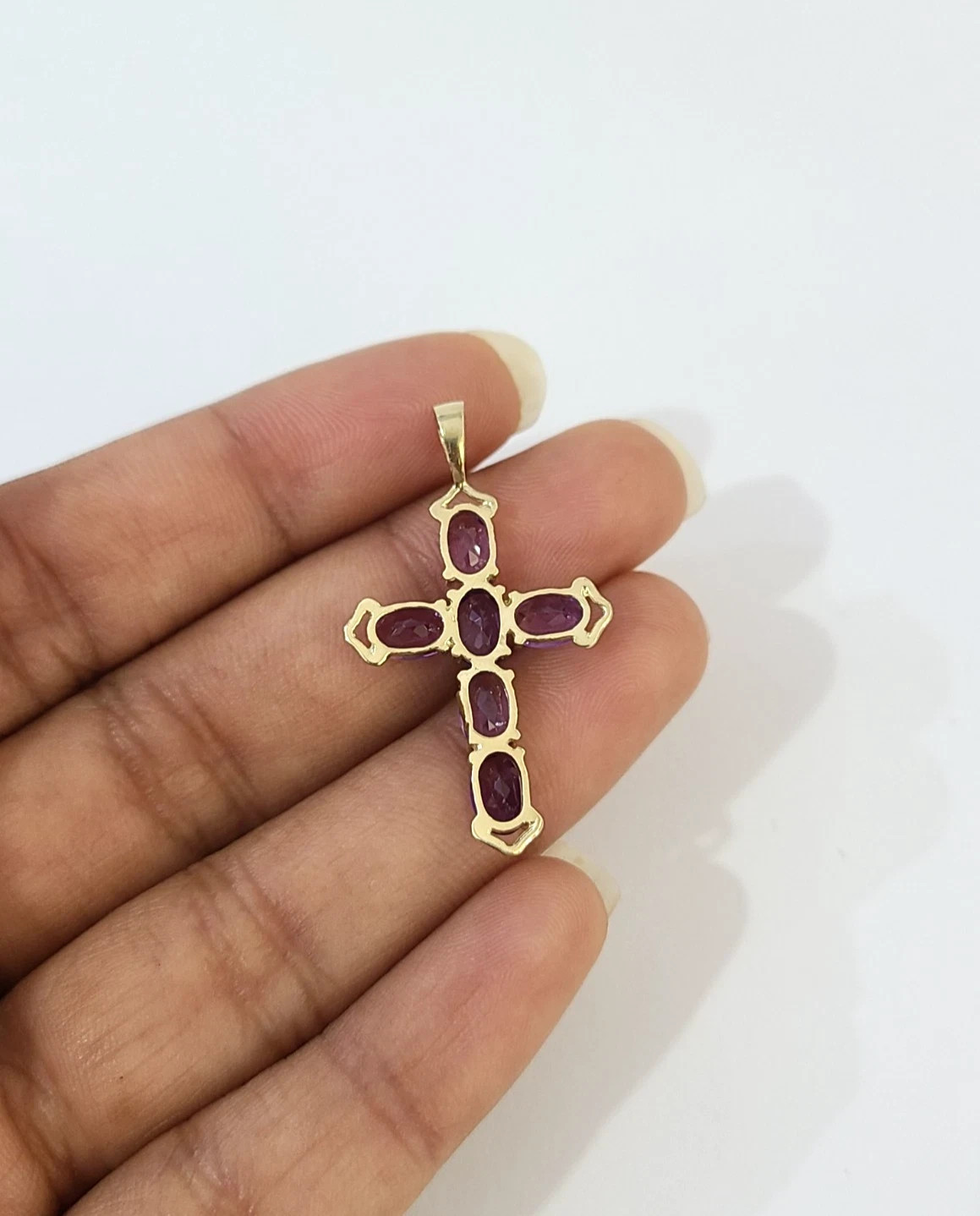 Real 10K Yellow Gold Cross Pendant Purple Amethyst Stone Religious Charm P11994