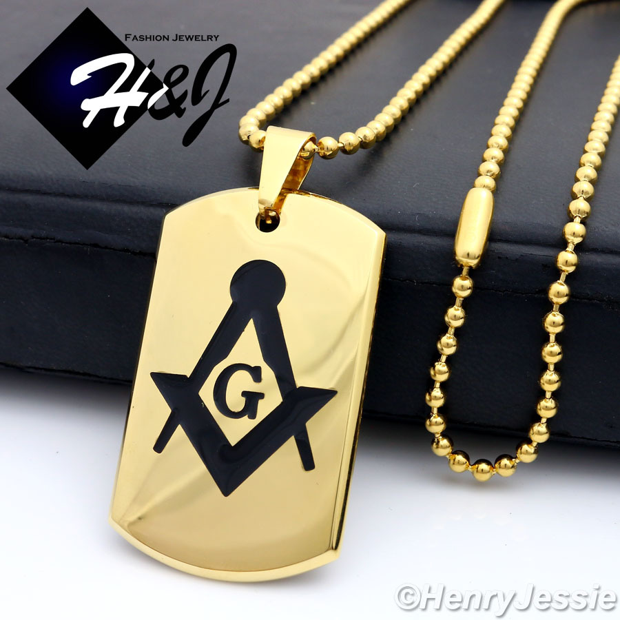 30″Stainless Steel 2.5mm Gold/Black Plated Bead Chain MASONIC Dog Tag Pendant*71