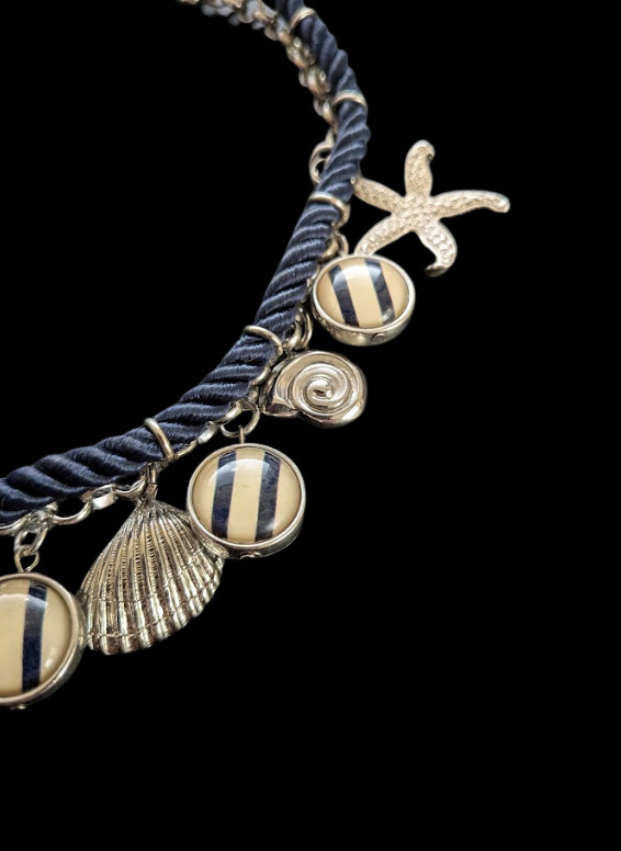 Nautical Navy Blue Braided Rope Necklace Silver Tone Anchor Shell Charms Signed