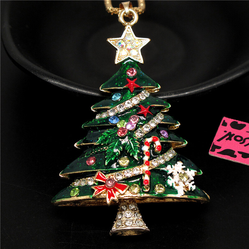Fashion Lady Green Lovely Enamel Christmas Tree Crystal Pendant Women Necklace