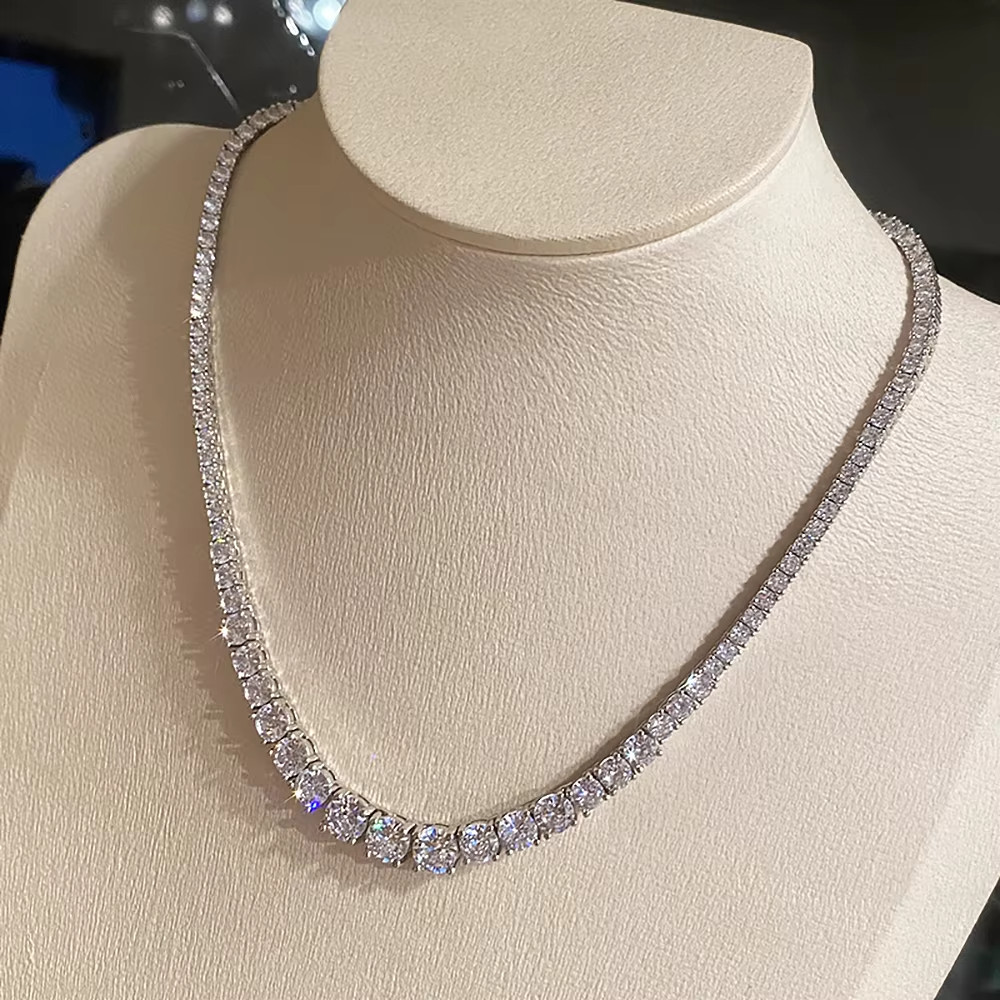 5AAA+ CZ Tennis Necklace Round Cut Silver Tone Chain 14k White Gold Plated 18″