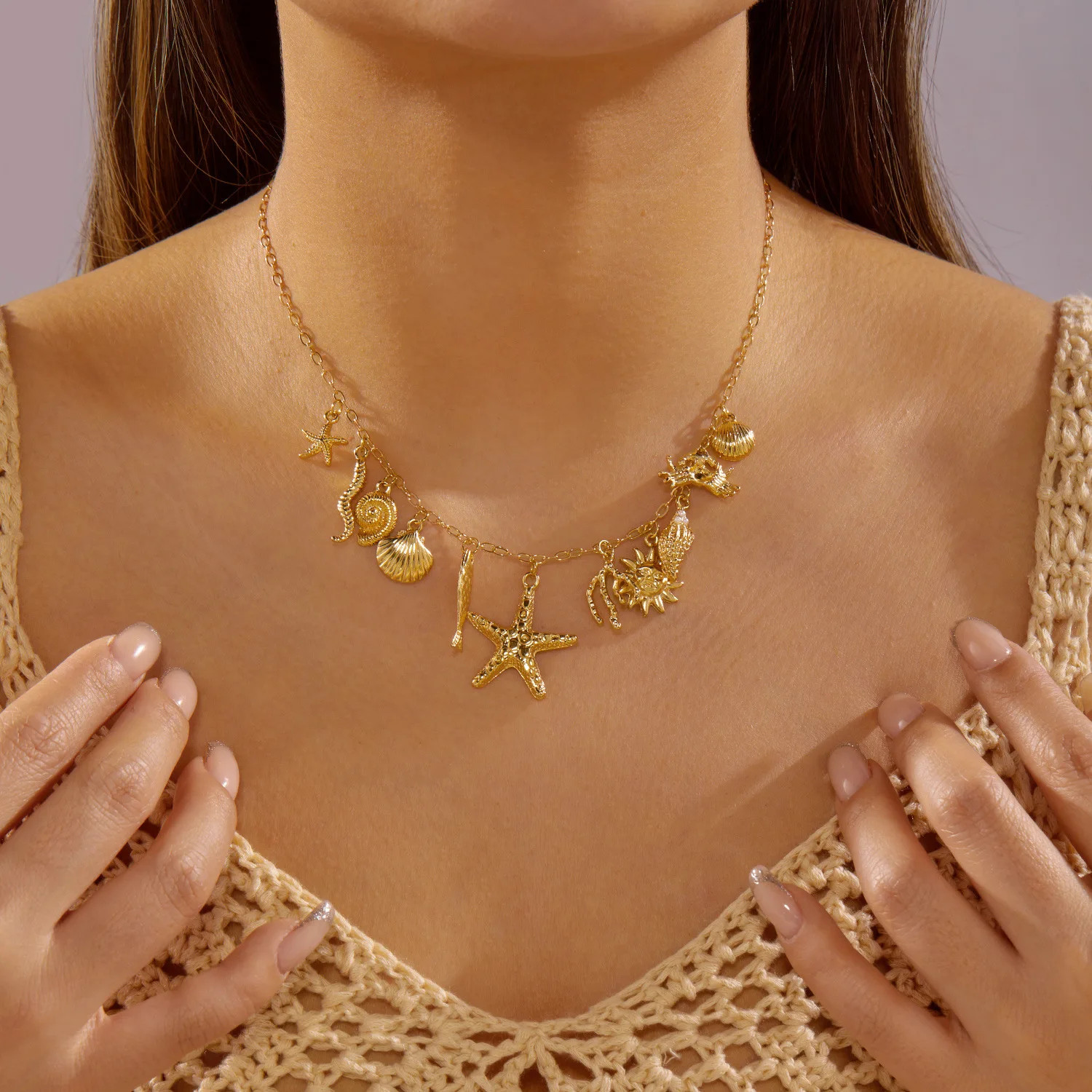 Boho 2 Layer Baroque Pearl Chain Necklaces Gold Plated Seashell Starfish Conch P