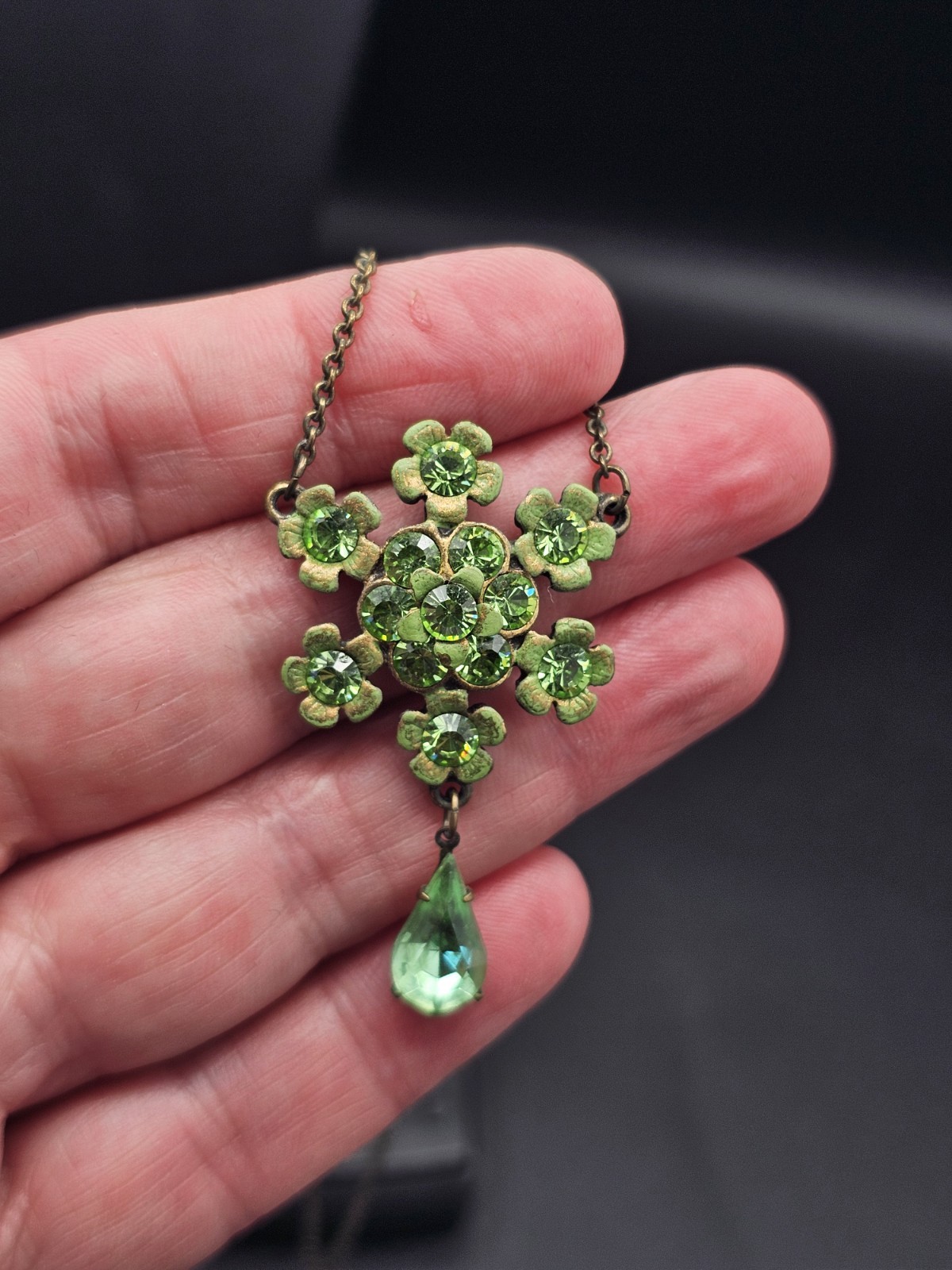 Signed Michal Negrin Peridot Green Swarovski Crystal Floral Necklace Bronze Tone