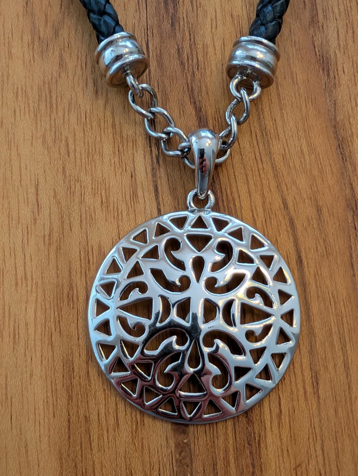 Black Braided Leather Cord Necklace Silver Tone Round Cutout Charm