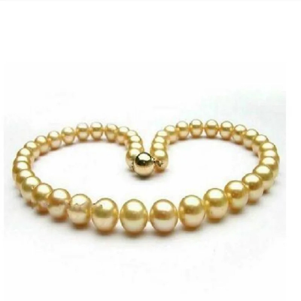 Perfect AAAA 9-10mm NaturalRound South Sea Gold Pearl Necklace 16/36 inches 925s