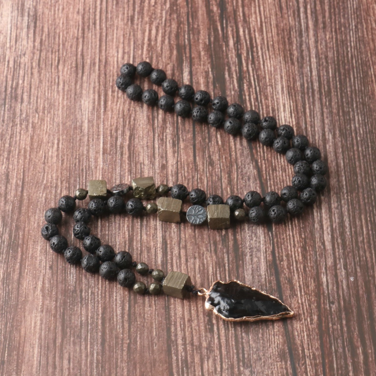 Natural Lava Rock Volcano Stone Knotted Necklace Obsidian Arrowhead Pendant