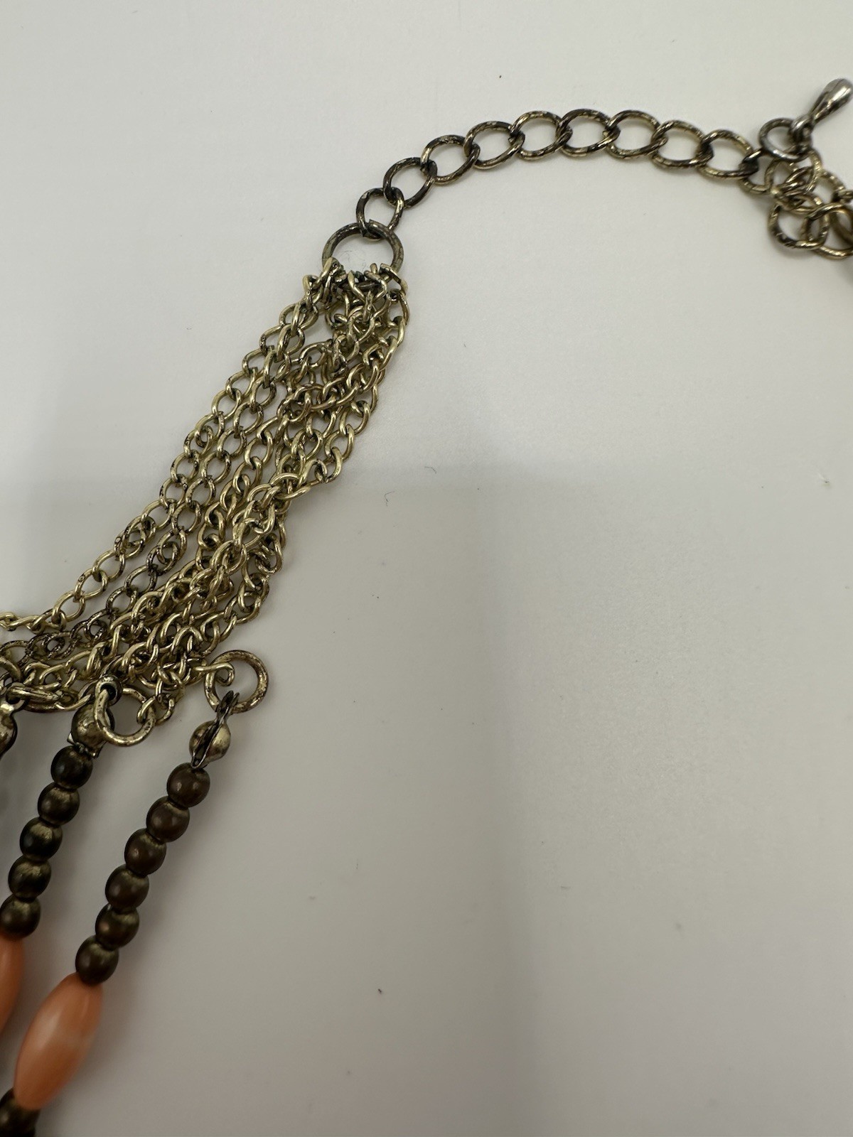 Gold Tone Pink And White Beaded Multi Strand Boho Native Style Necklace 24”