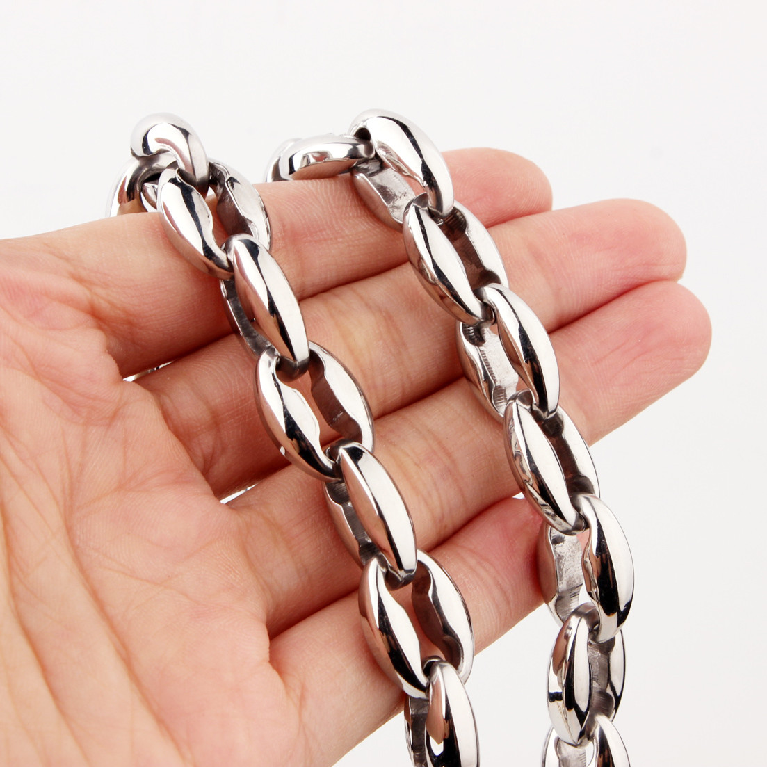 Huge Heavy Stainless Steel Silver Coffee Beans Chain Men Women Necklace 22″*12mm