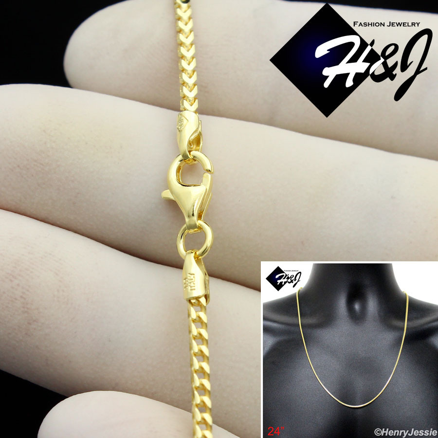 24″MEN 925 STERLING SILVER 1.5MM GOLD PLATED FRANCO BOX CURB LINK NECKLACE*SN6
