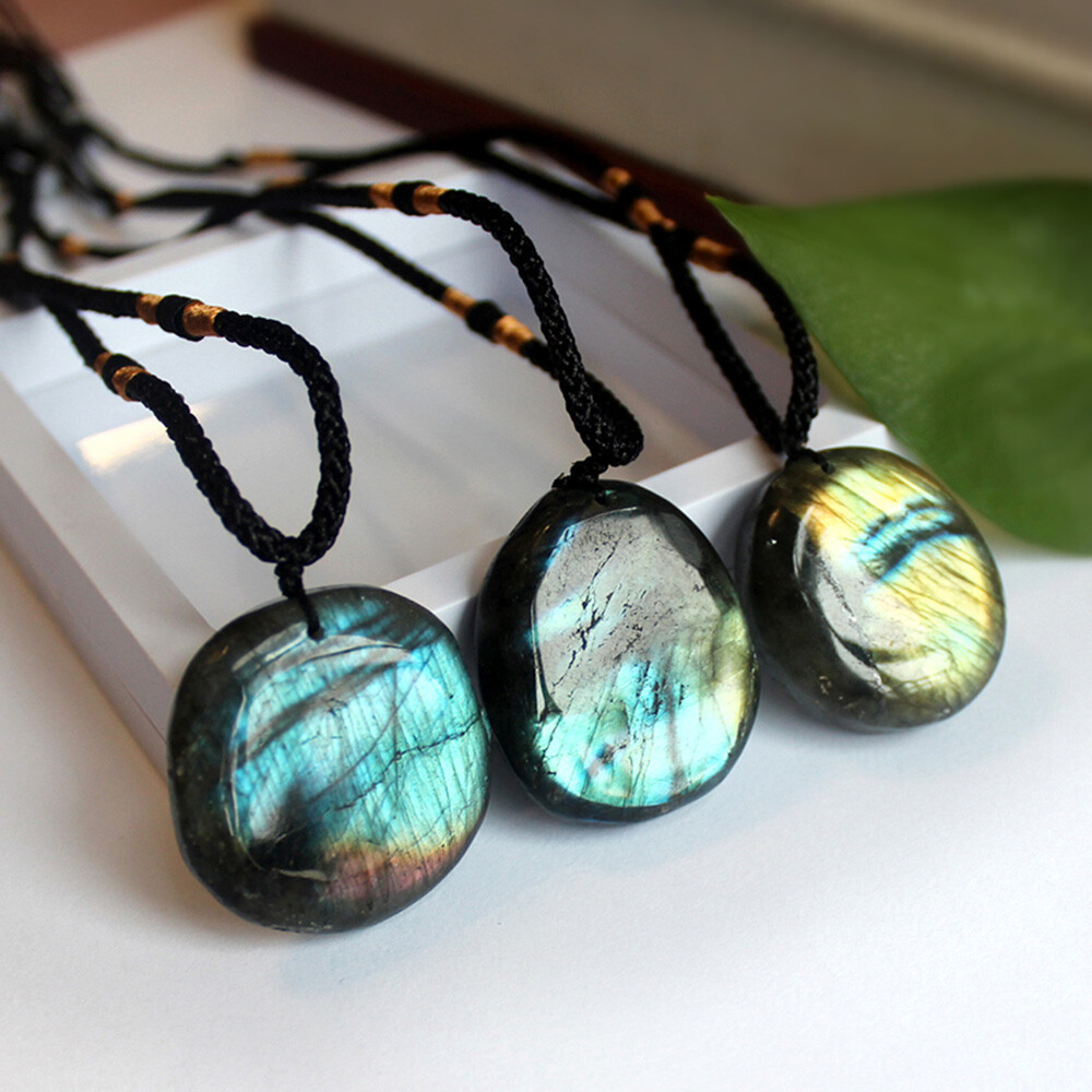 Women Mens Natural Stone Necklace Labradorite Pendant Crystal Moonstone USL0202