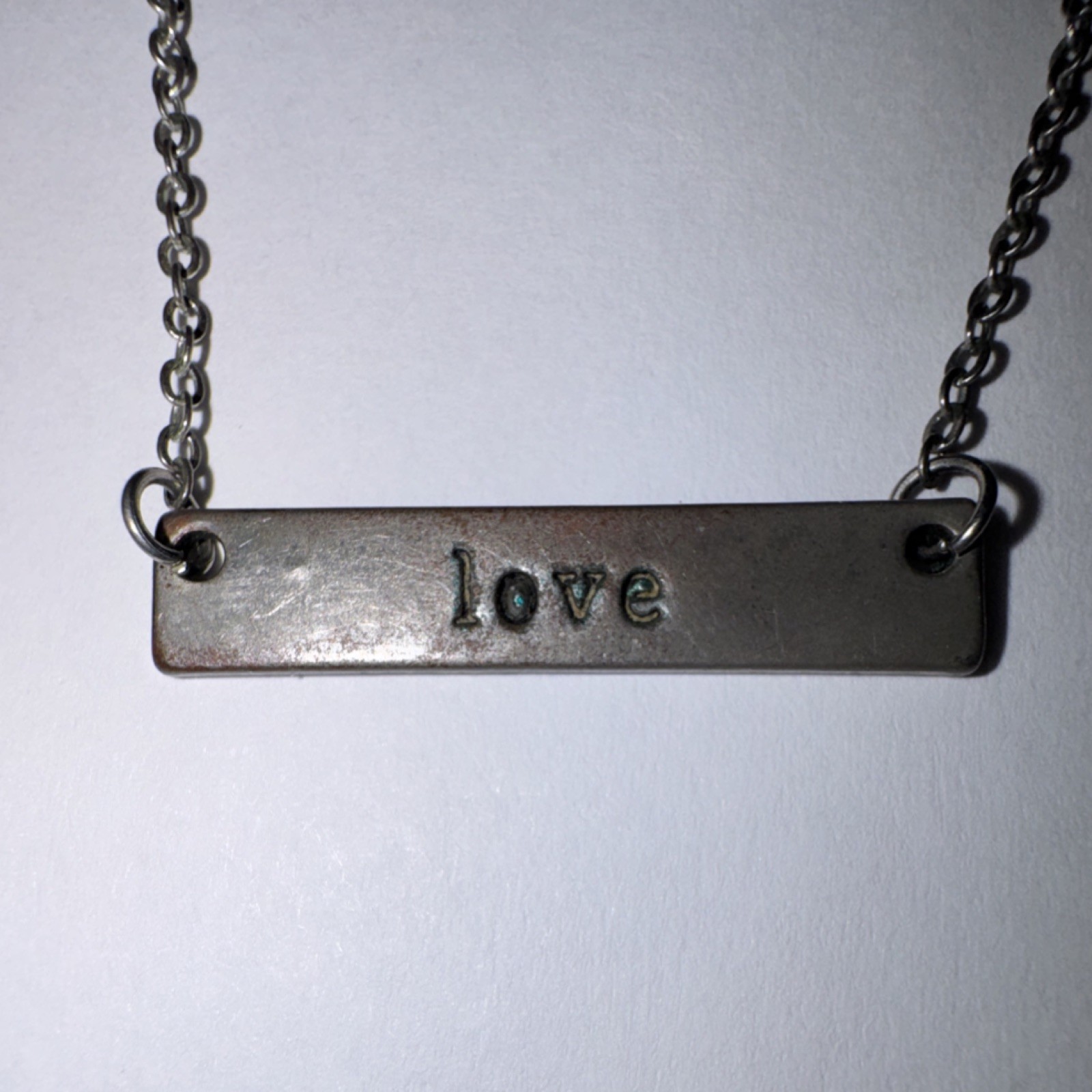 Silver Tone Cable Chain Necklace Bar Pendant ‘love’ Engraved, Adjustable Clasp