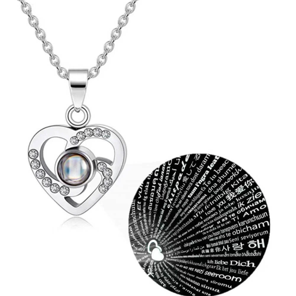 “I Love You” Projection Pendant Necklace – 100 Languages, Stainless Steel Heart