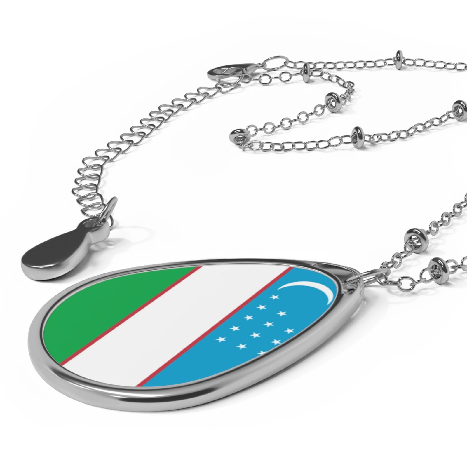 Uzbekistan Flag Oval Necklace – Zinc Alloy Pendant – One Size / Silver