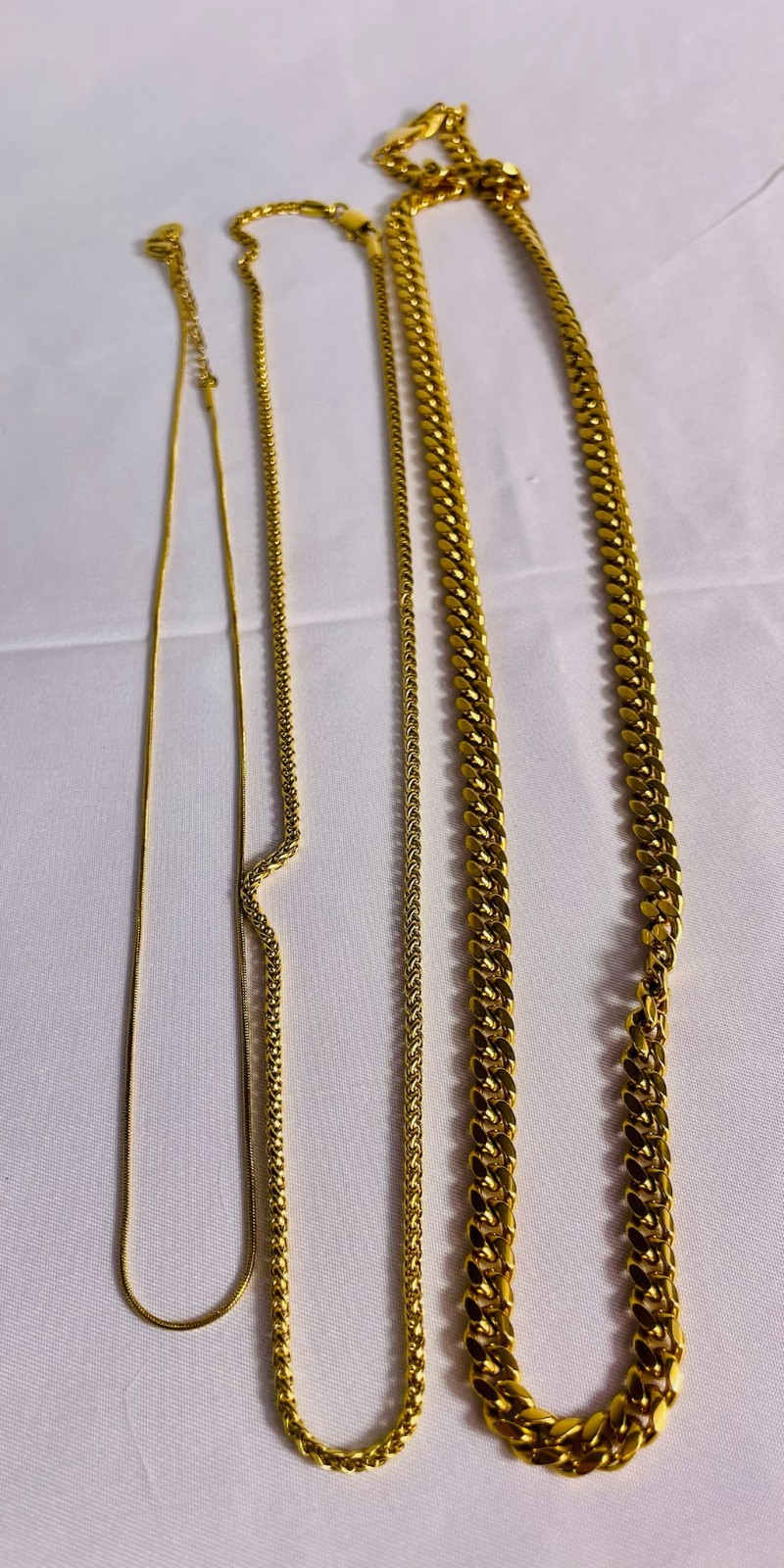 Lot of 3 Gold Tone Necklaces 18KGP Cuban Curb Chain Snake Chain Fashion Jewelry