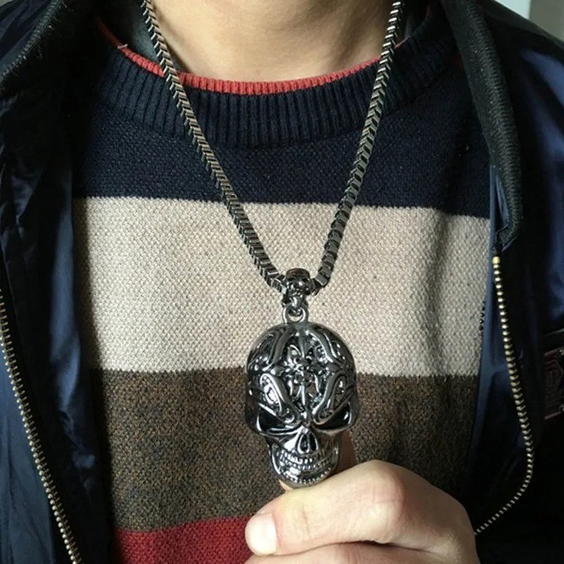 Mens Large 2″ Sugar Skull Metal Pendant Necklace 22″ Box Chain Biker Punk
