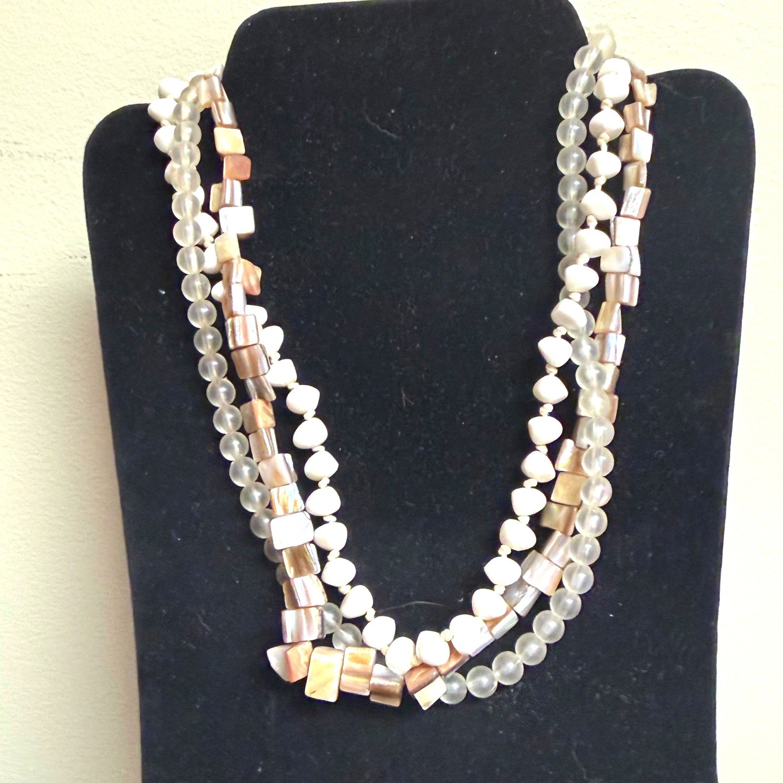 Multi Strand Mother of Pearl Shell and Frosted Bead Layered Necklace Boho