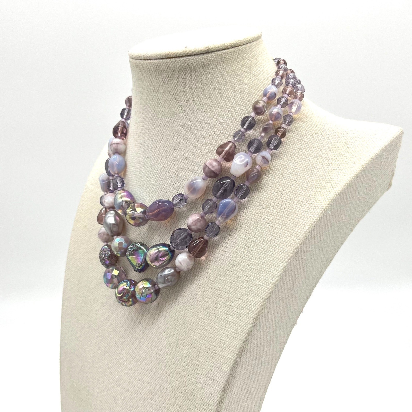 Vintage Germany Purple Iridescent Art Glass Triple Strand Beaded Necklace 16in
