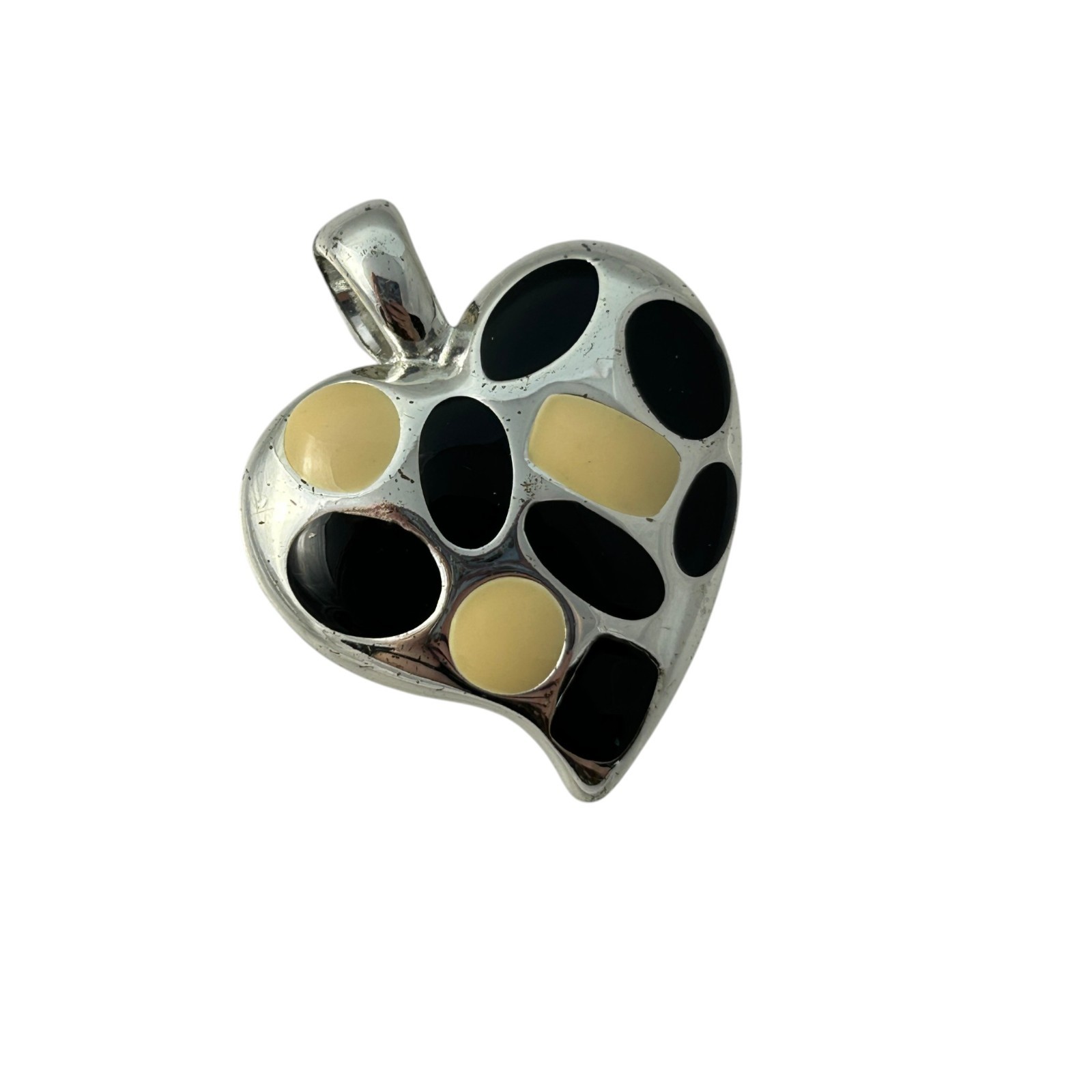 Silver Tone Heart Pendant Black Yellow Enamel Abstract Modern Charm