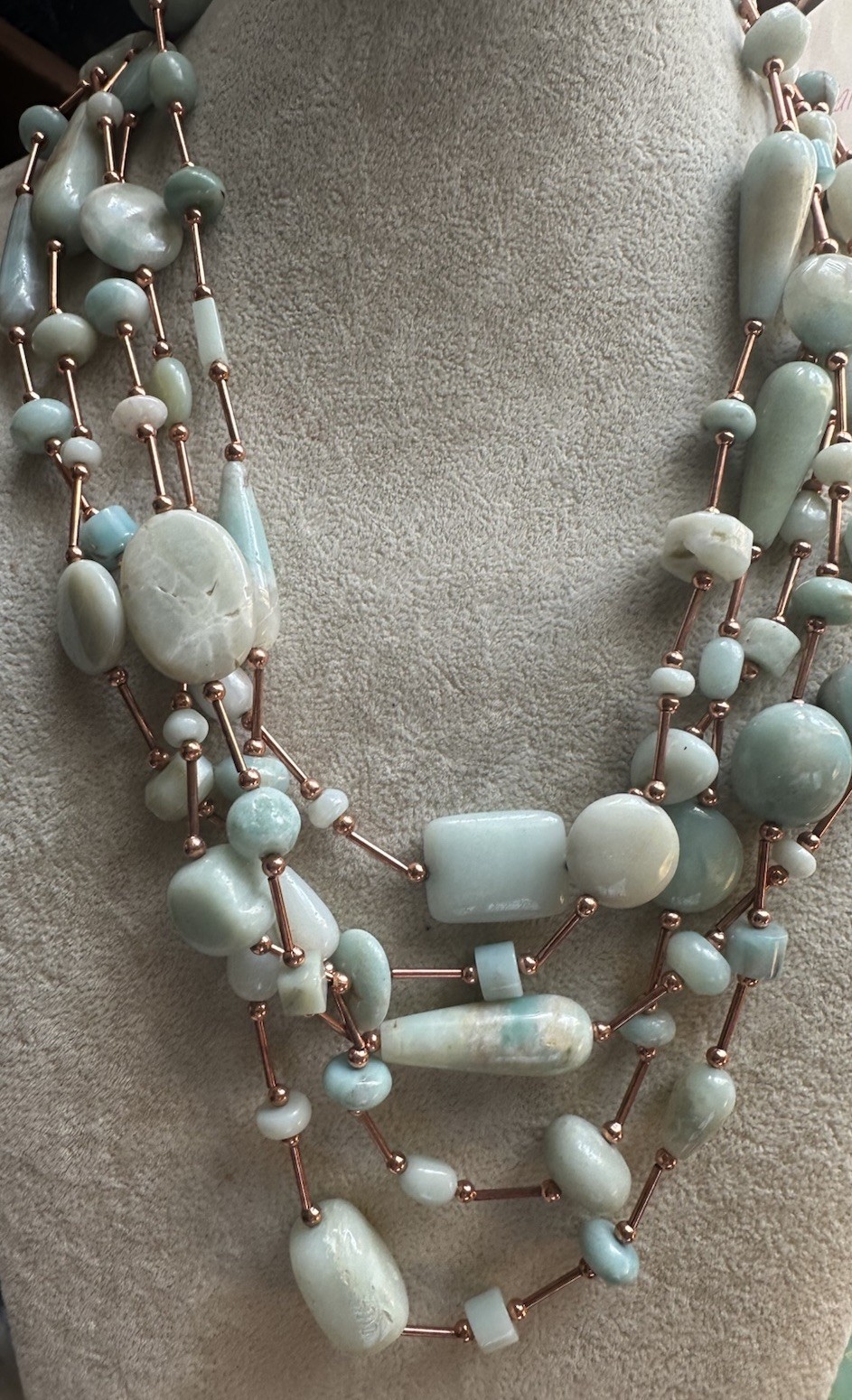 Multi Strand Amazonite Green Gem Stone Lg. Bead Aqua copper Necklace Balance