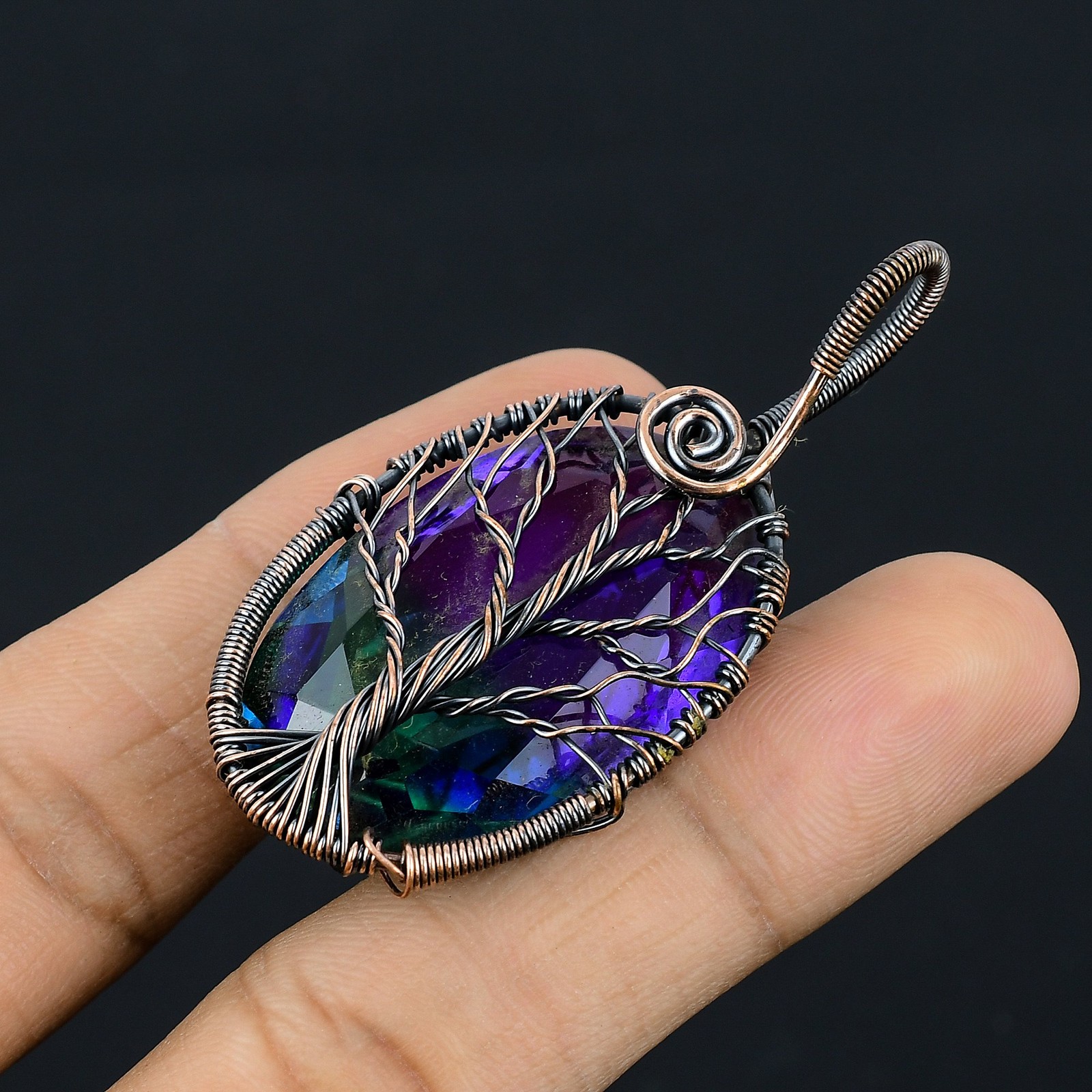 Bi Color Tourmaline Gemstone Copper Wire Wrap Jewely Pendant 2.4″ w022