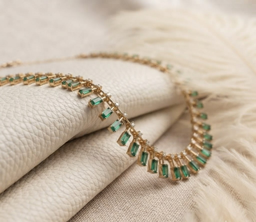 Green Emerald Tennis Necklace 925 Sterling Silver Gold Plated Statement Jewelry