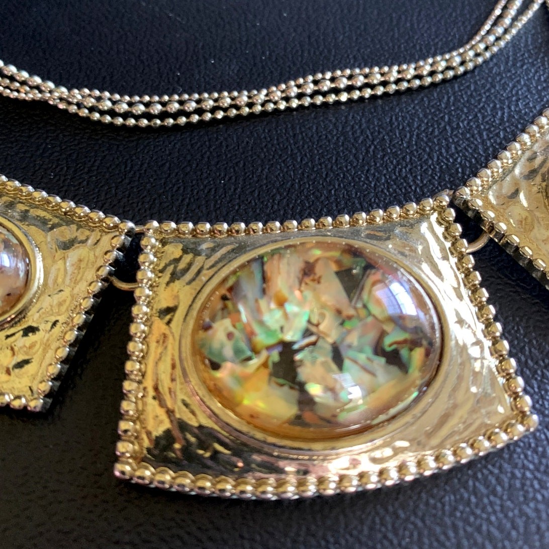 Gold Tone Multi Strand Necklace Abalone Confetti Shell Panel Statement