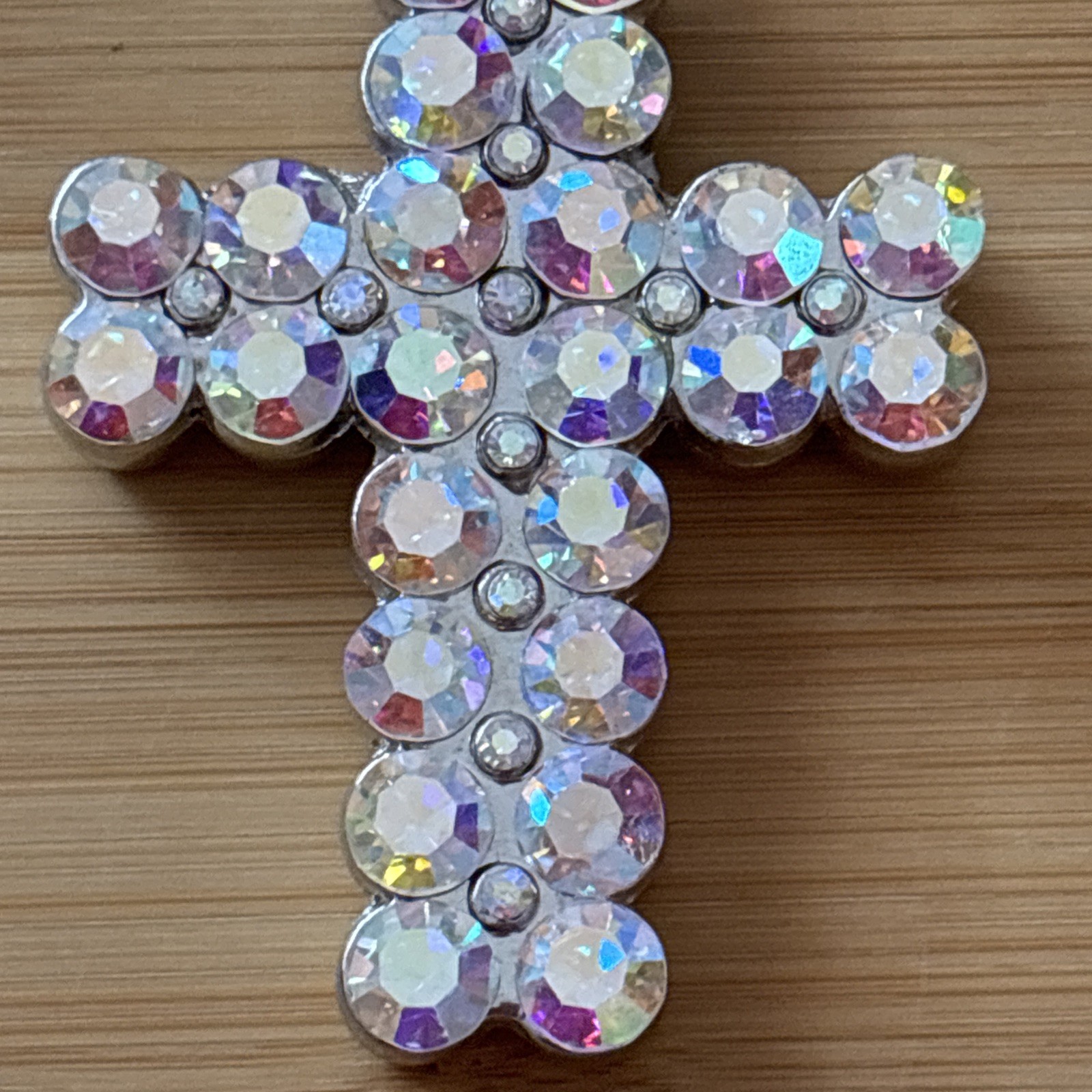 Large AB Rhinestone Cross Enhancer Pendant Silver Tone Clip Bail 3” Statement