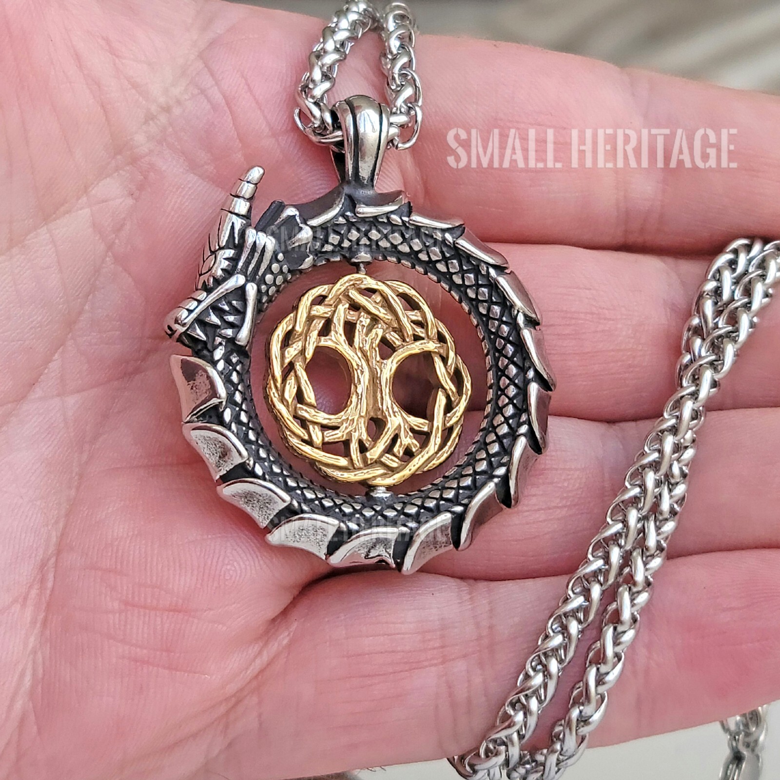 Viking Dragon Necklace 316L Stainless Steel Pendant Chain Norse Amulet Yggdrasil