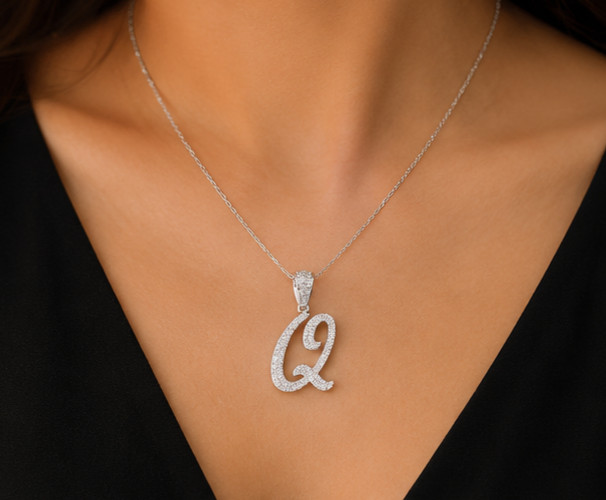 1.5ct Round Cut Simulated Diamond Unisex Initial Q Pendant 14k White Gold Plated
