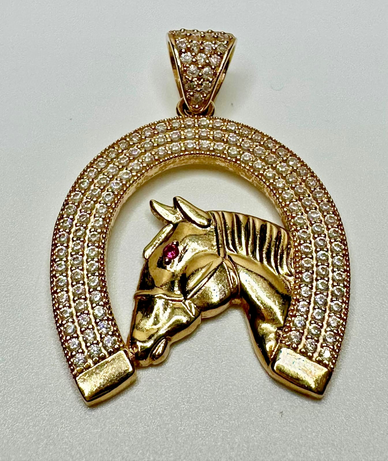 14K Yellow Gold Horseshoe Horse Head Pendant Cubic Zirconia/Ruby