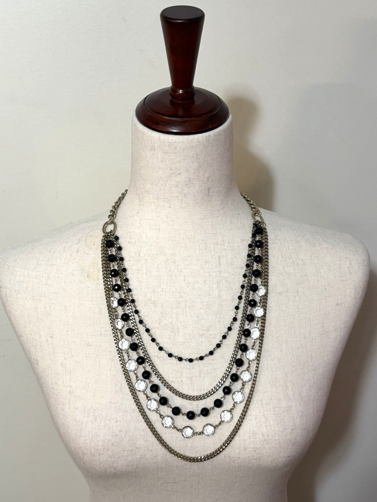 Coldwater Creek Multi Strand Necklace Black Bead Clear Crystal Silver Tone