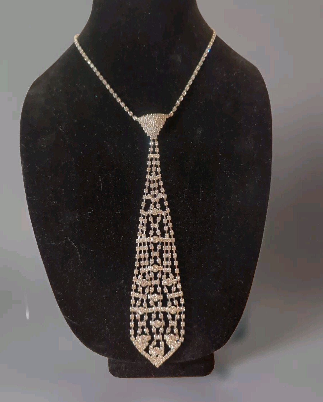Rhinestone Necktie Silver Tone Necklace 16″ + 7″ Sparkly Dangle Tie Valentines