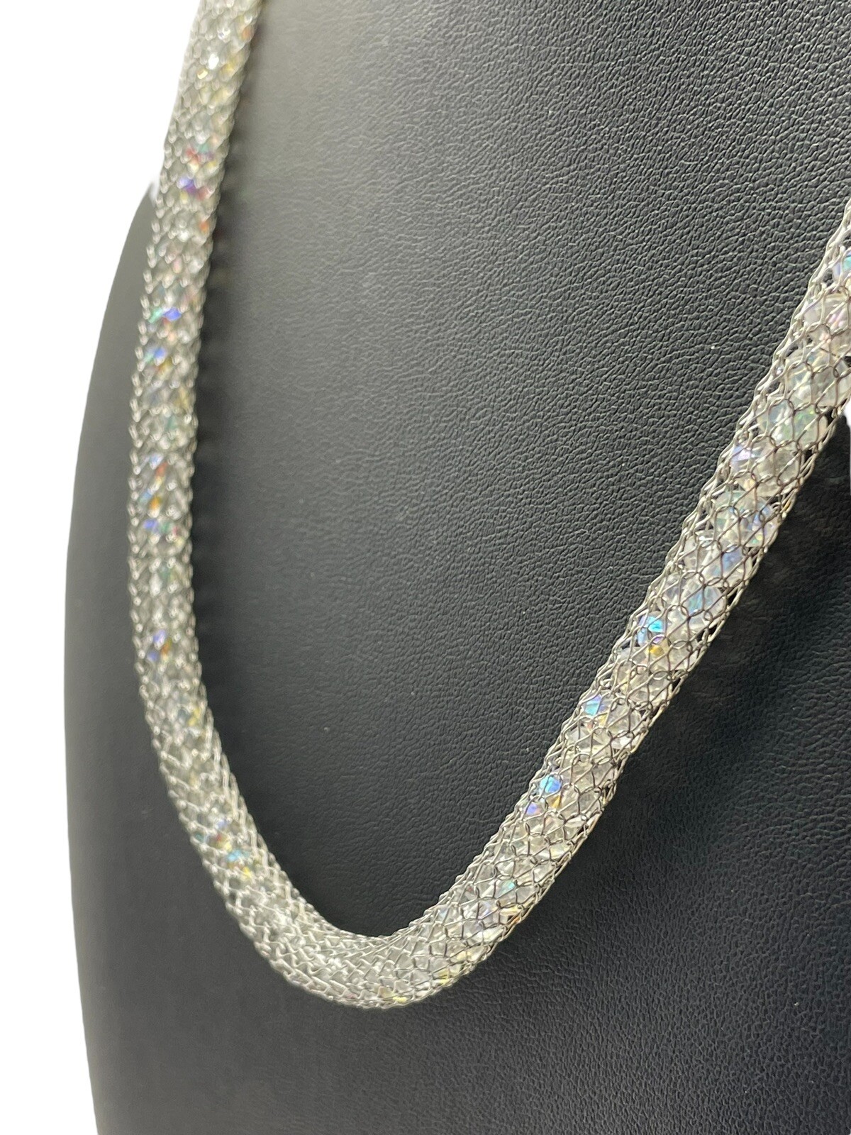 Stainless Steel China Mesh Net Aurora Borealis Bead Silver Tone Necklace Modern