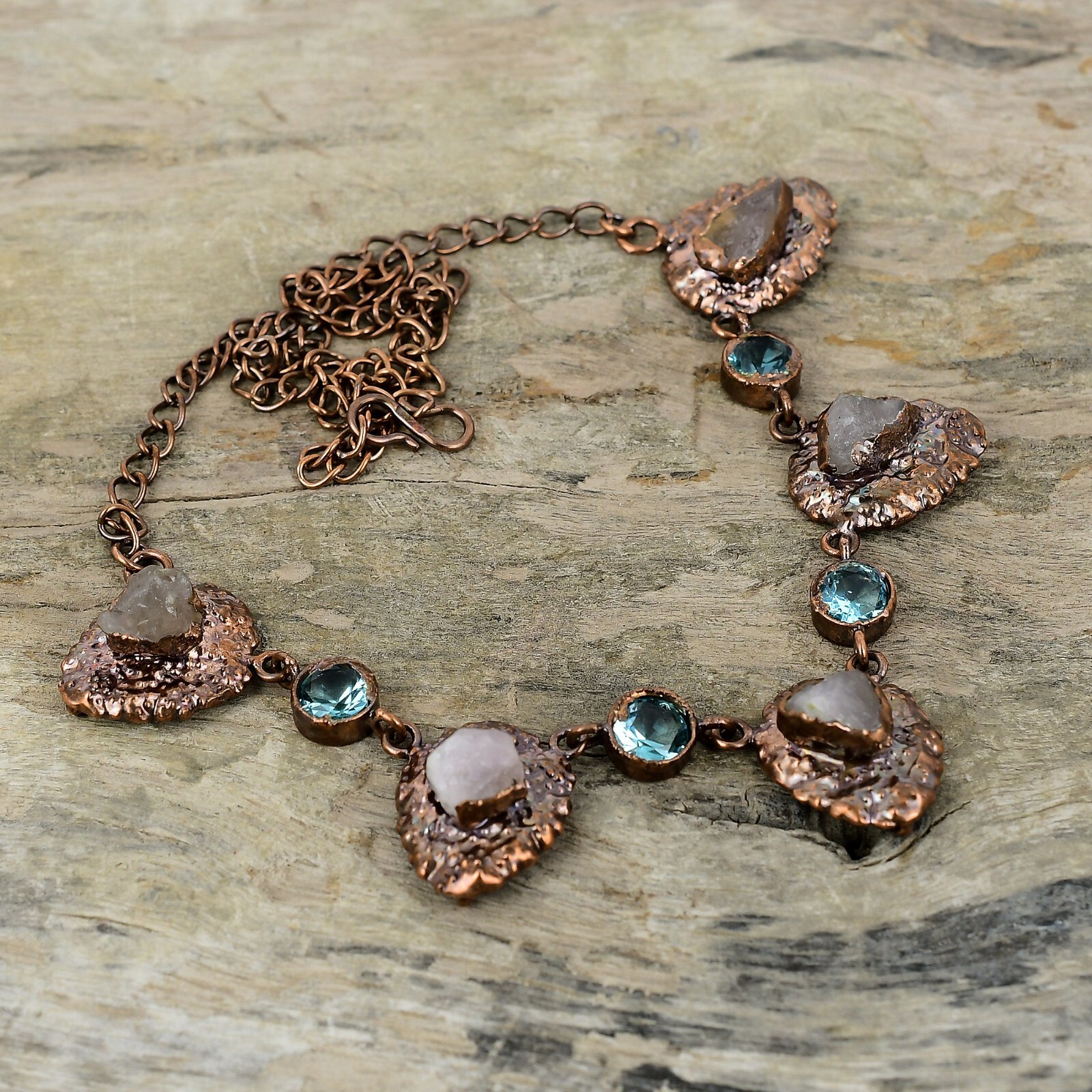 Rose Quartz Rough Copper Gift Electroformed Chain Adjustable Necklace 18.0″